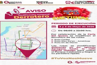 El Instituto de Movilidad de Quintana Roo anunció un operativo especial con desvíos temporales y paraderos provisionales durante la Feria del Queso de Bola 2026 en Chetumal. Las modificaciones aplicarán el 2 y 3 de mayo.