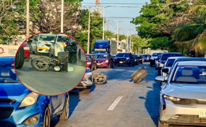 Una falla mecánica provocó que una camioneta perdiera sus neumáticos mientras circulaba por una transitada intersección de Chetumal. Un motociclista resultó afectado tras ser golpeado por una de las llantas.