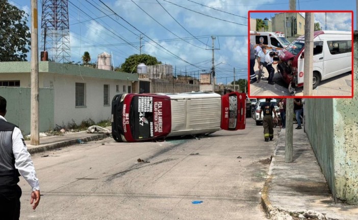 Un accidente entre dos unidades del transporte público de la Zona Continental de Isla Mujeres dejó al menos 10 pasajeros lesionados, entre ellos menores de edad, en la Supermanzana 76 de Cancún. Una de las vans terminó volcada tras el impacto.